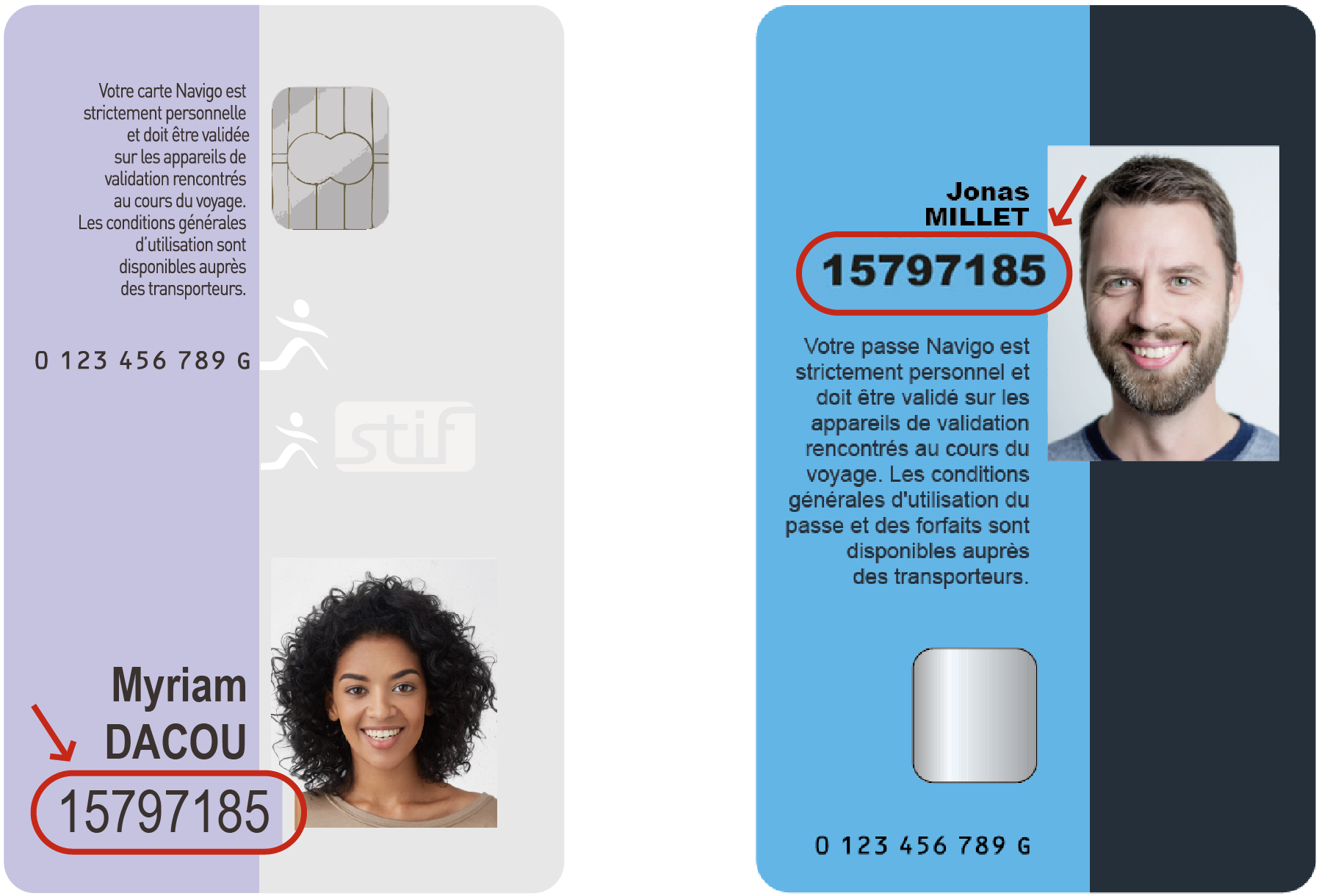 L'image présente deux passes Navigo avec deux visuels différents, l'un correspondant aux passes émis avant le printemps 2018, l'autre correspondant aux passes émis à partir du printemps 2018. Sur ces deux visuels de passe, un encadré rouge indique où retrouver le numéro client. Celui-ci se trouve sous le bloc d'informations prénom/nom.